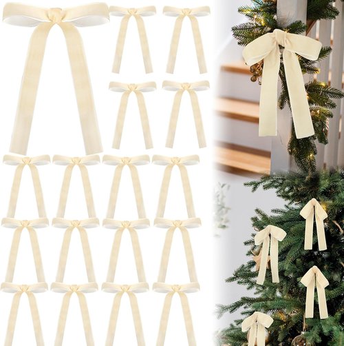 Beige Velvet Bows by [Brand Name] - 24 Pcs Christmas Tree Ornaments | Perfect for Home Decor & Weddings (5 x 7 Inch, 1 Inch Width)