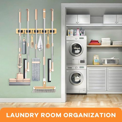 IMILLET Broom Holder Wall Mount - Bamboo Mop Organizer with 5 Racks & 4 Hooks | Home Storage Solution