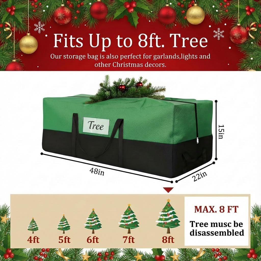 Skiennix Christmas Tree Storage Bag - Heavy Duty 8 Ft Capacity with Durable Zipper & Handles | 600D Oxford, Green