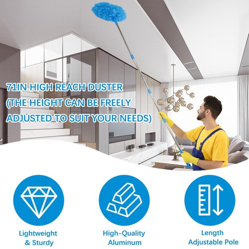 Ceiling Fan Cleaner Duster Kit 72 Inch Ceiling Fan Duster Extension Pole 8-in-1 Microfiber Duster Set for High Ceilings, Fan Blades, and Lights Reusable Cleaning Tools with Storage Bag