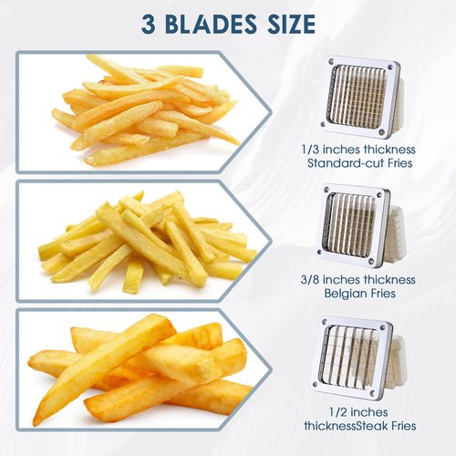 YODHOSA Commercial French Fry Cutter Stainless Steel Potato Cutter for with 1/2,1/3 and 3/8 Inch Blade, Heavy Duty Potato Slicer Manual Potato Chopper Set for Sweet Potato, Carrot, Cucumbers
