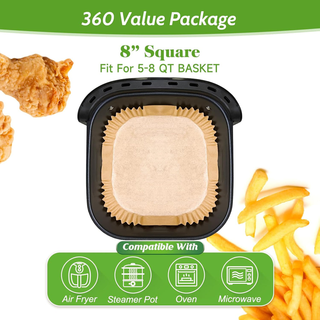 Skiennix 360 Pcs Air Fryer Paper Liners - Heavy Duty, Non-Stick & Unbleached 8” Square Parchment