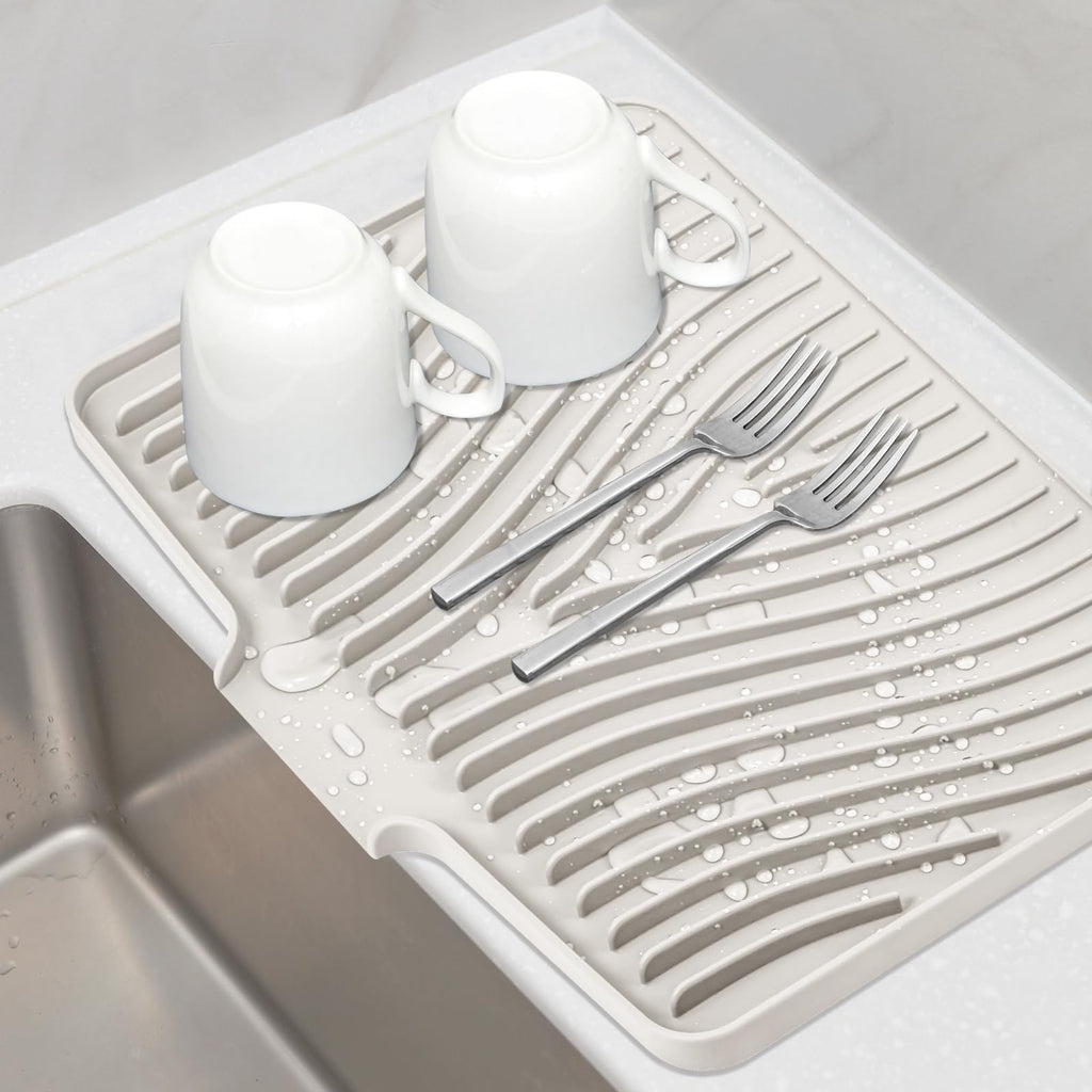 TIKNIK Silicone Dish Drying Mat, Stone Drying Mat for Kitchen Counter with Built-In Drain, Non-Slip Drain Pad with Built-in Drain, Heat Resistant Stone Drying Mat, Hangable, Cream-1pcs, 16" x 12"