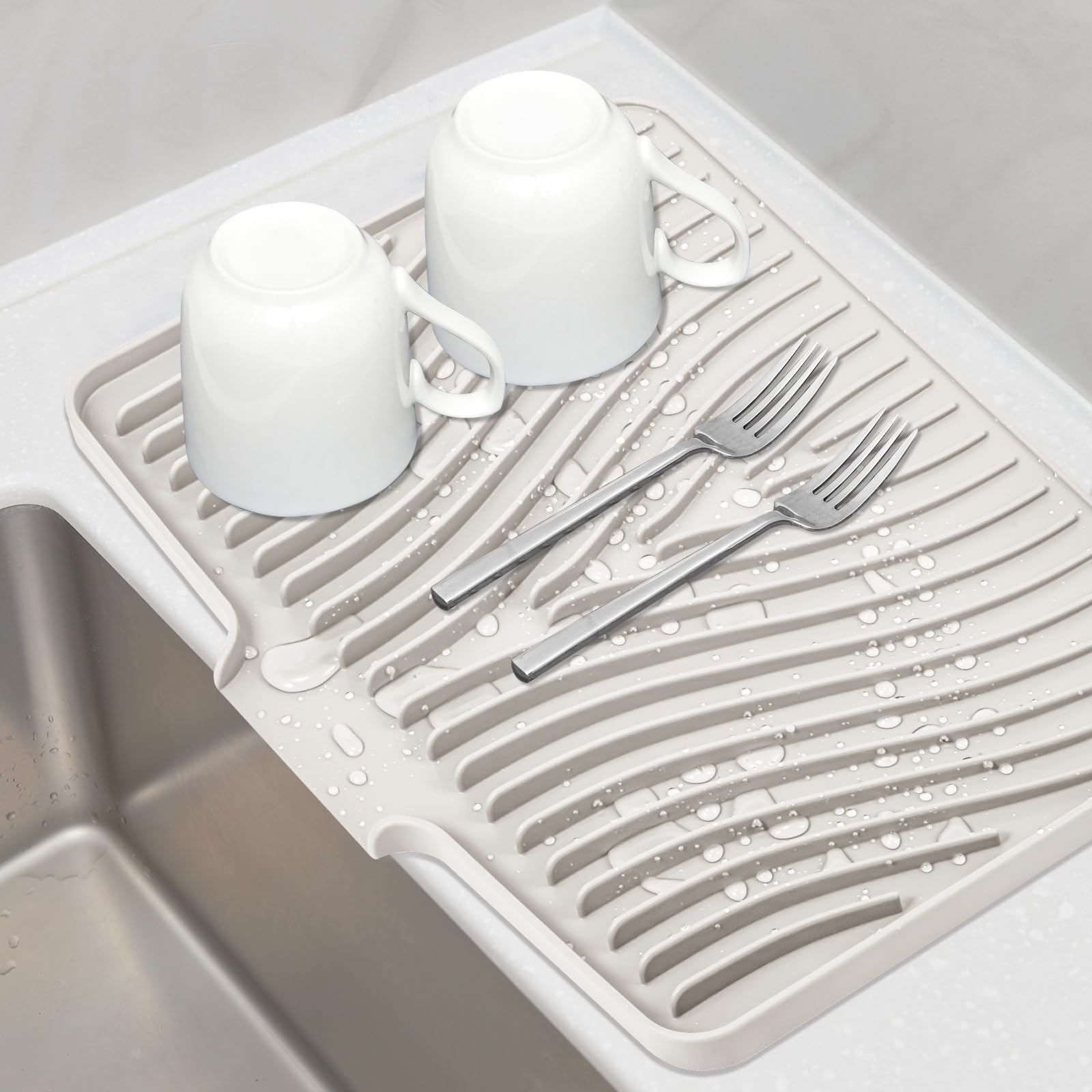 TIKNIK Silicone Dish Drying Mat, Stone Drying Mat for Kitchen Counter with Built-In Drain, Non-Slip Drain Pad with Built-in Drain, Heat Resistant Stone Drying Mat, Hangable, Cream-1pcs, 16" x 12"