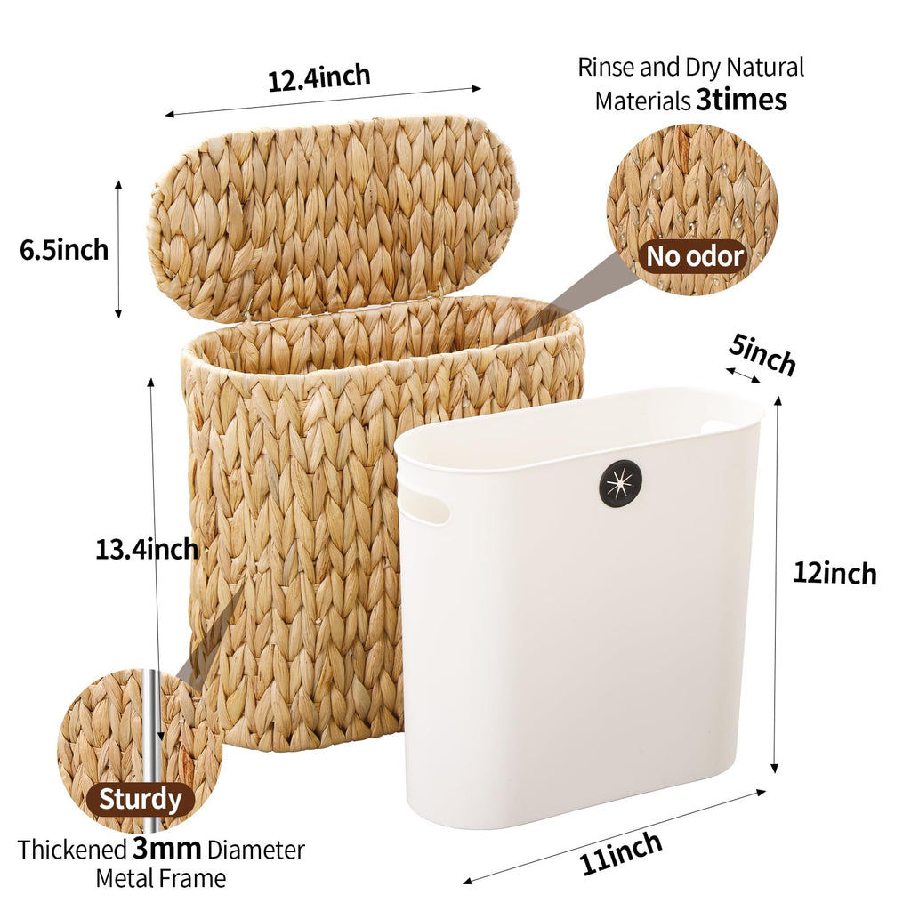 Coeusy Wicker Bathroom Trash Can with Lid,Narrow Rattan Waste Basket with Removable Liner Bucket,Slim Woven Water Hyacinth Garbage Can for Bedroom,Office,Small Spaces,3 Gallon