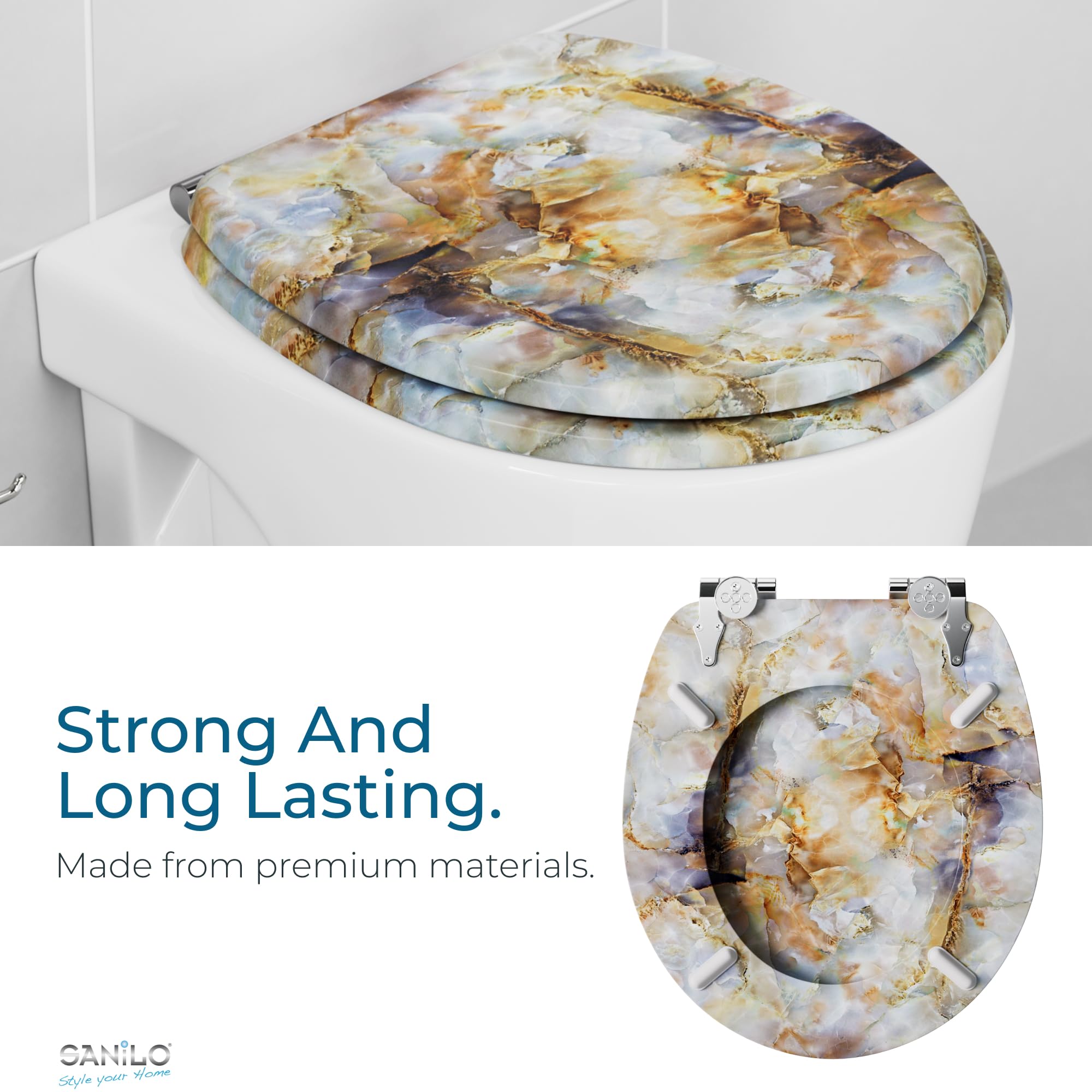 SANILO Wooden Toilet Seat with Soft Close [ROUND] - Decorative, Quiet & Slow Close Molded Wood Seat - With Strong Bumpers & Hinges - Adjustable Fit – Marble Brown