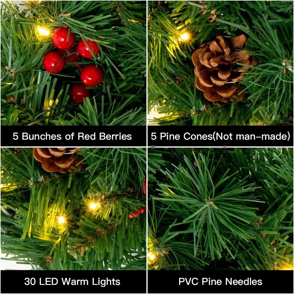 DEWBIN 24 Inch 2FT Christmas Wreath, 30 LED Lights Christmas Wreaths for Front Door with Bow Red Berries Pine Cones, Prelit Timer Home Decor, Xmas Wall Windows Decorations Indoor Outdoor