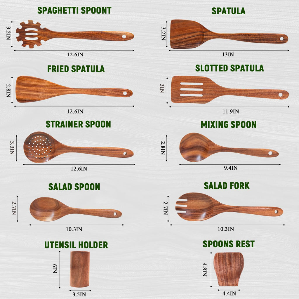 Vorisebo Wooden Spoons for Cooking, Natural Teak Wooden Utensils Set, 10 Piece Handmade Wood Kitchen Utensil Set with Holder and Spoon, Durable Nonstick Kitchen Cookware Tool