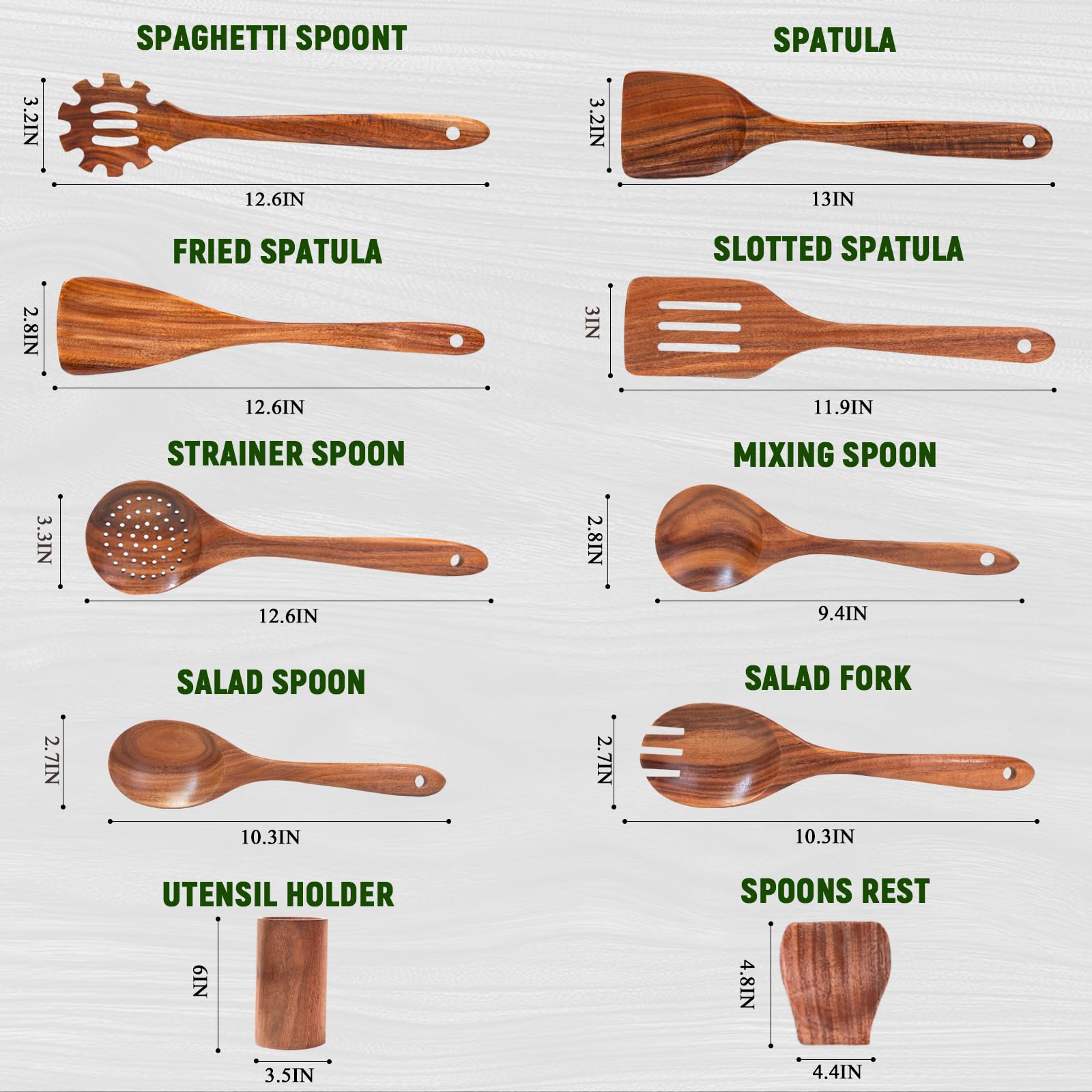 Vorisebo Wooden Spoons for Cooking, Natural Teak Wooden Utensils Set, 10 Piece Handmade Wood Kitchen Utensil Set with Holder and Spoon, Durable Nonstick Kitchen Cookware Tool