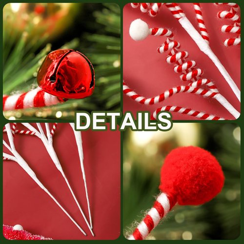 ZHANYIGY 4PC Set Red/White Christmas Tree Decorations - Woolen Candy Curly Picks, Bells Picks for Home Office Vase Party Ornaments