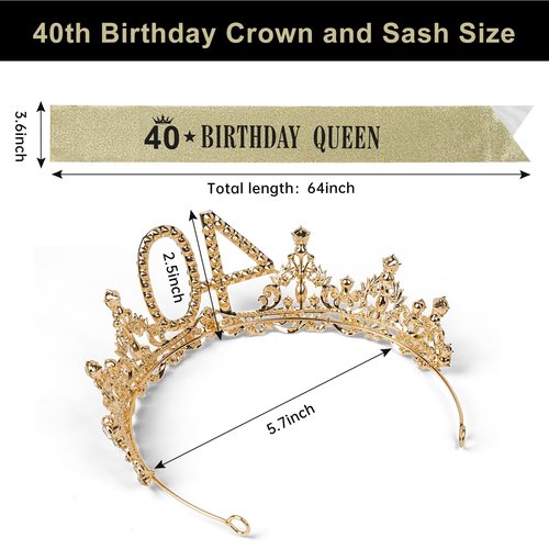 40th Birthday Crown and Sash for Women, 40 Tiara Headband, Black Gold 40th Birthday Decorations Gifts Favors for Female Friends Sister Daughter Wife Mom