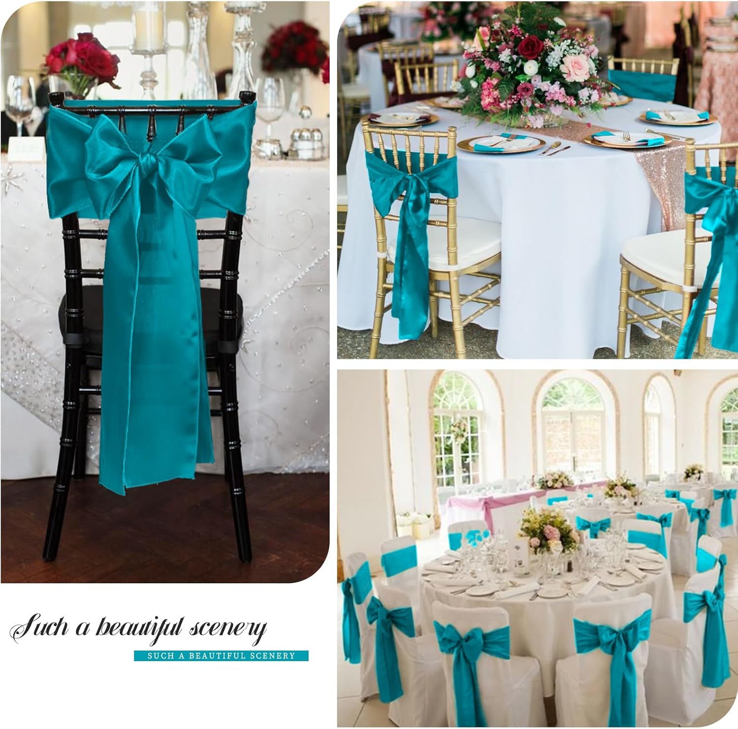 Skiennix 100 PCS Satin Chair Sashes - Turquoise Decorative Bow Ties for Weddings & Events | 7 x 108 Inch