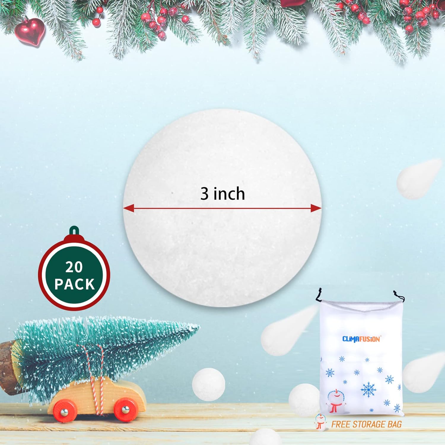 Skiennix 20 Pack Jumbo Fake Snowballs - 3 Inch Indoor/Outdoor Christmas Snow Toys for Winter Fun