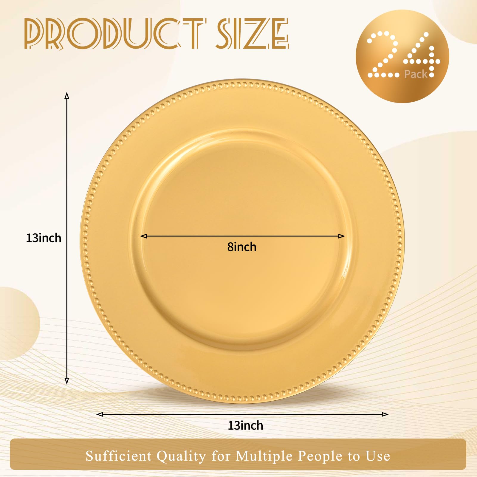 YJYQHYX 24 Pack Gold Charger Plates 13" Plastic Round Charger Plates Dinner Plate With Beaded for Wedding Table Dinner Kitchen Easter Catering Event Party Decoration