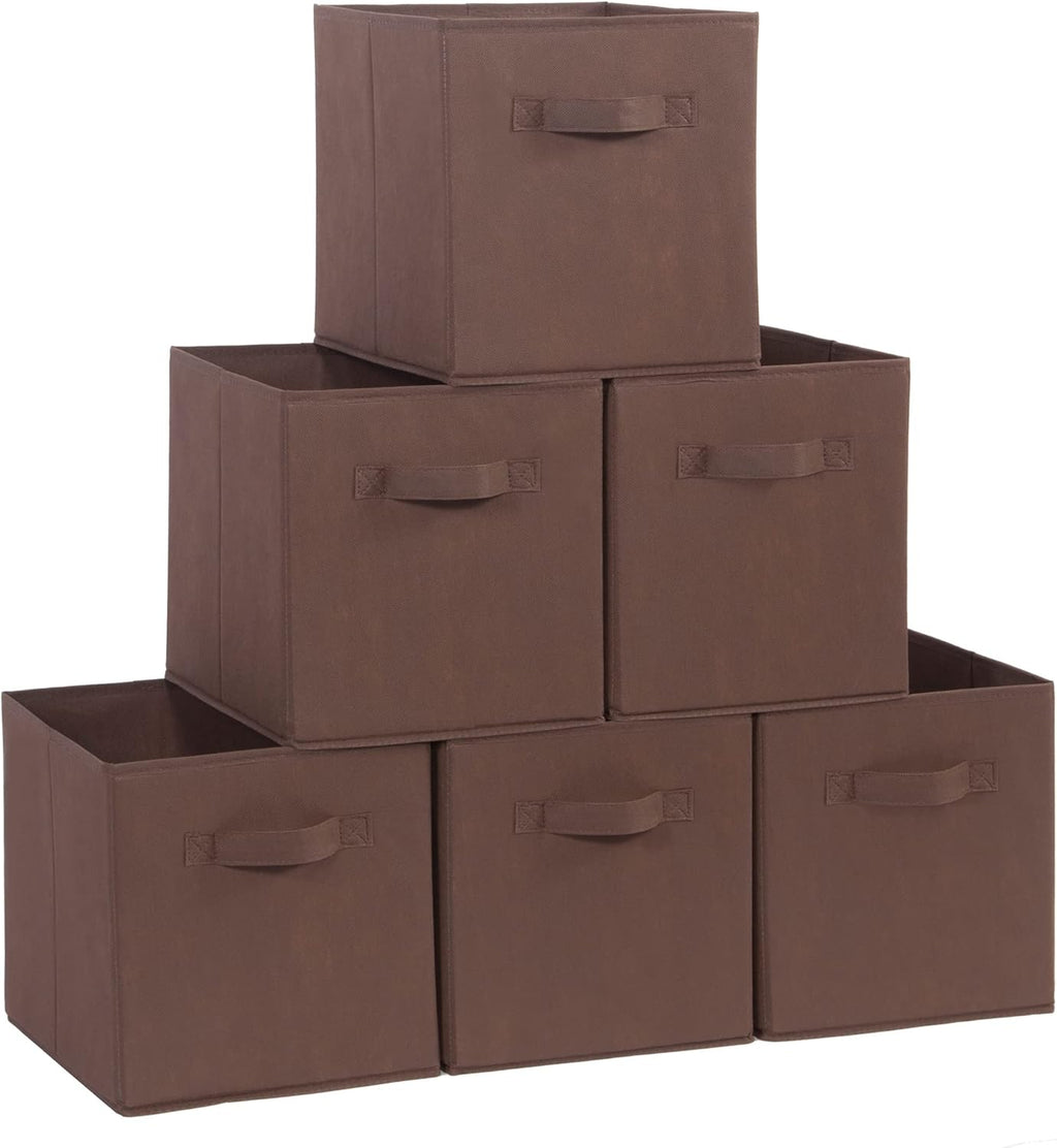 Storage Maniac Collapsible Storage Cubes - 11 Inch Fabric Bins with Handles | 6 Pack for Organized Spaces - Brown