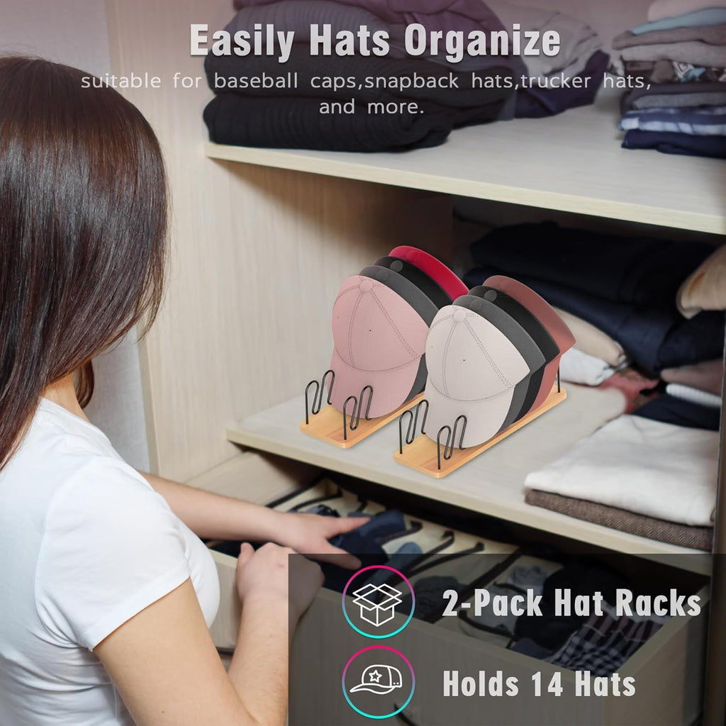 UdoUto Hat Organizer - Space-Saving Wood & Metal Rack Holds 14 Baseball Caps | 2-Pack for Closet & Entryway