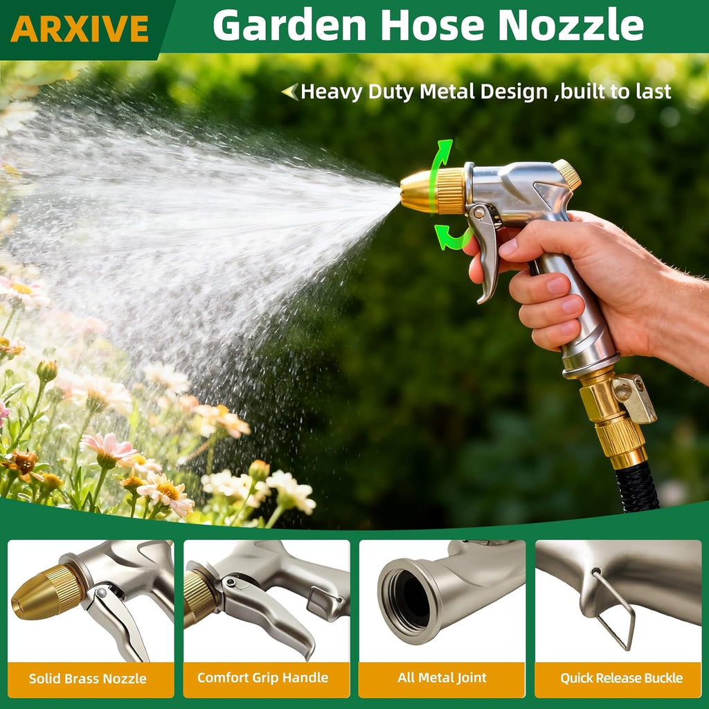 ARXIVE Heavy-Duty Metal Garden Hose Nozzle - 4 Adjustable Spray Patterns for Lawn, Car & Pet Care