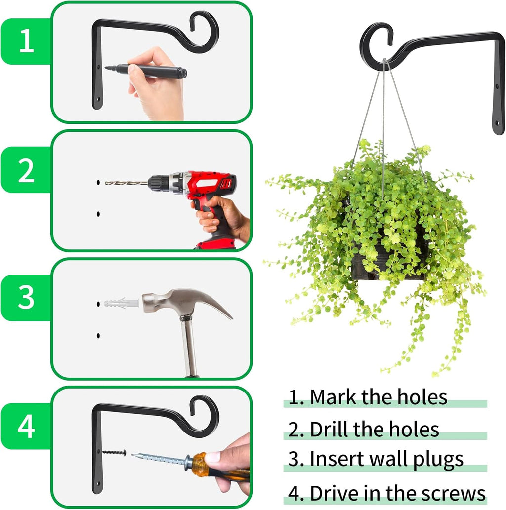 MOWPOG Plant Hangers - 6-Inch Metal Hooks for Outdoor & Indoor Use | 2-Pack Black Wall Brackets