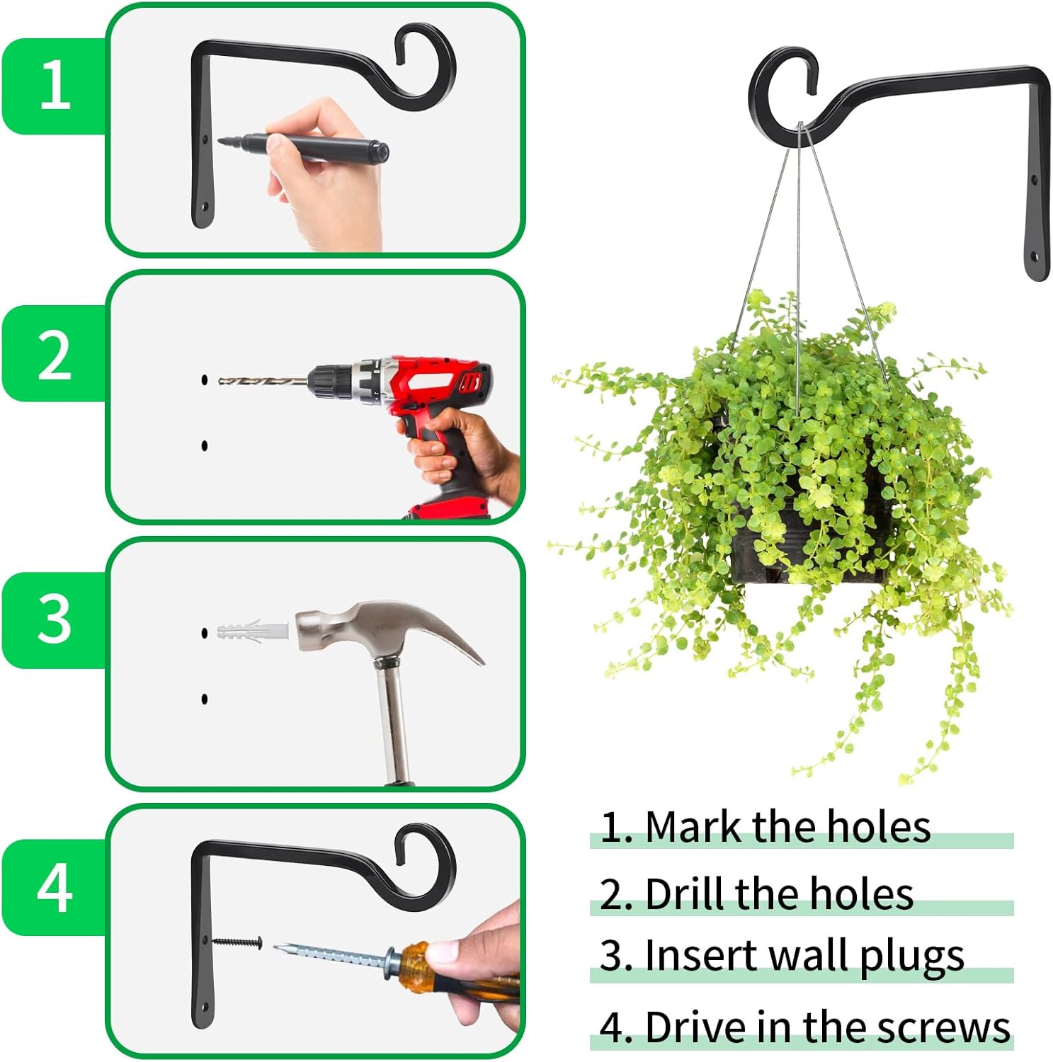 MOWPOG Plant Hangers - 6-Inch Metal Hooks for Outdoor & Indoor Use | 2-Pack Black Wall Brackets