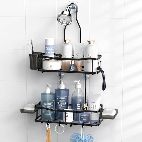 Aitatty Hanging Shower Caddy | Rustproof Bathroom Organizer Over Shower Head - Black, No Drilling Required