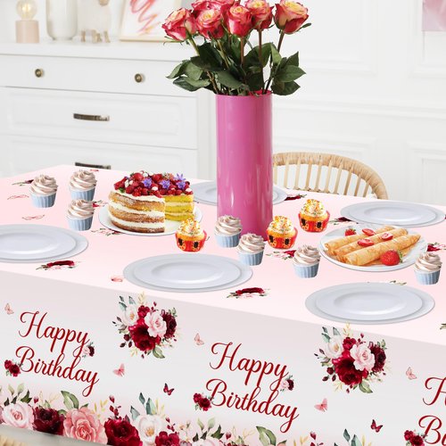 Avezano 3 pcs Burgundy Birthday Tablecloths 108x54 inch Red Pink Floral Birthday Party Decorations Burgundy Rose Bday Table Covers Disposable for Women Girls