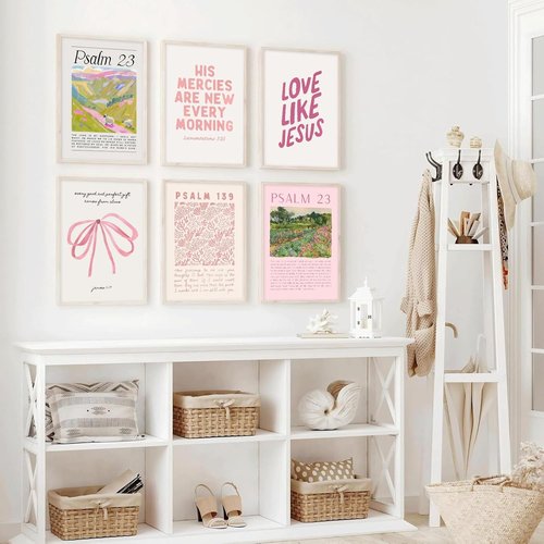 Christian Canvas Wall Art by Pink - Set of 6 Bible Verse Prints | Trendy Religious Decor for Girls' Room