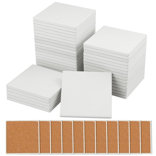 60 Pieces 4 Inch Blank Ceramic Coasters, Unglazed Ceramic Tiles Coasters, Ceramic Tiles with Cork Backing Pads for Painting, DIY Crafts, Mosaics, Square, White.by GNIEMCKIN