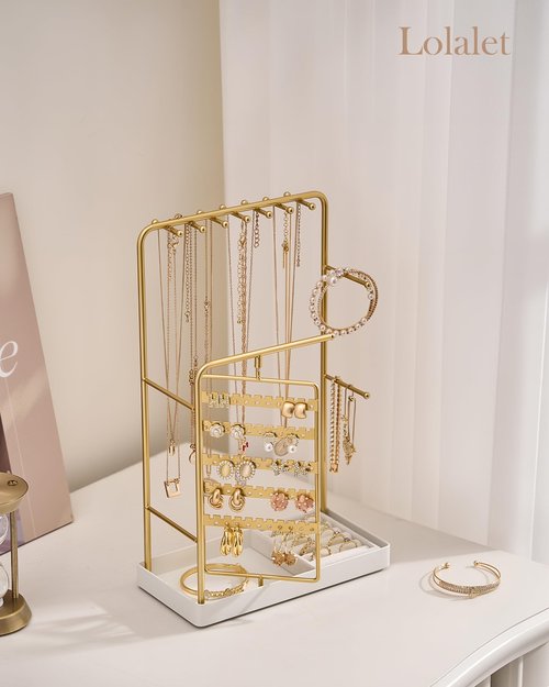 Lolalet Jewelry Organizer Stand, No Assembly Needed Display Storage with Rotating Earring Holder for Necklace Bracelet Rings, Galentines Valentines Gifts Room Dorm Decor for Women Girls -Gold