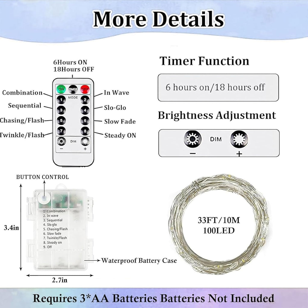 Skiennix 2-Pack Battery Operated Fairy Lights - 33FT 100 LED Waterproof String Lights | 8 Modes with Timer for Indoor/Outdoor Decor (Cool White)