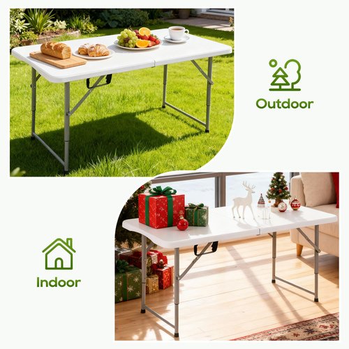FDW 4FT Folding Table, Portable Fold-in-Half Plastic Picnic Party Table with Carrying Handle (White, 4FT)