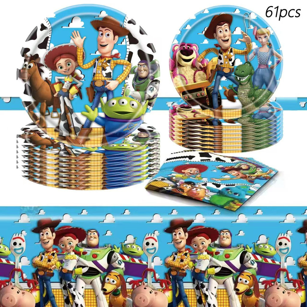 61 Pcs Toy Story Birthday Party Supplies Set, Plates, Cups, Utensils, Napkins, Tablecloth