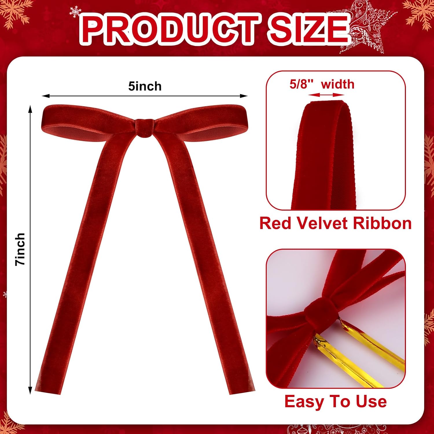 Skiennix 24 Pcs Velvet Christmas Tree Bows - Vintage Ribbon for Crafts & Decor | 5 x 7 Inch, Red