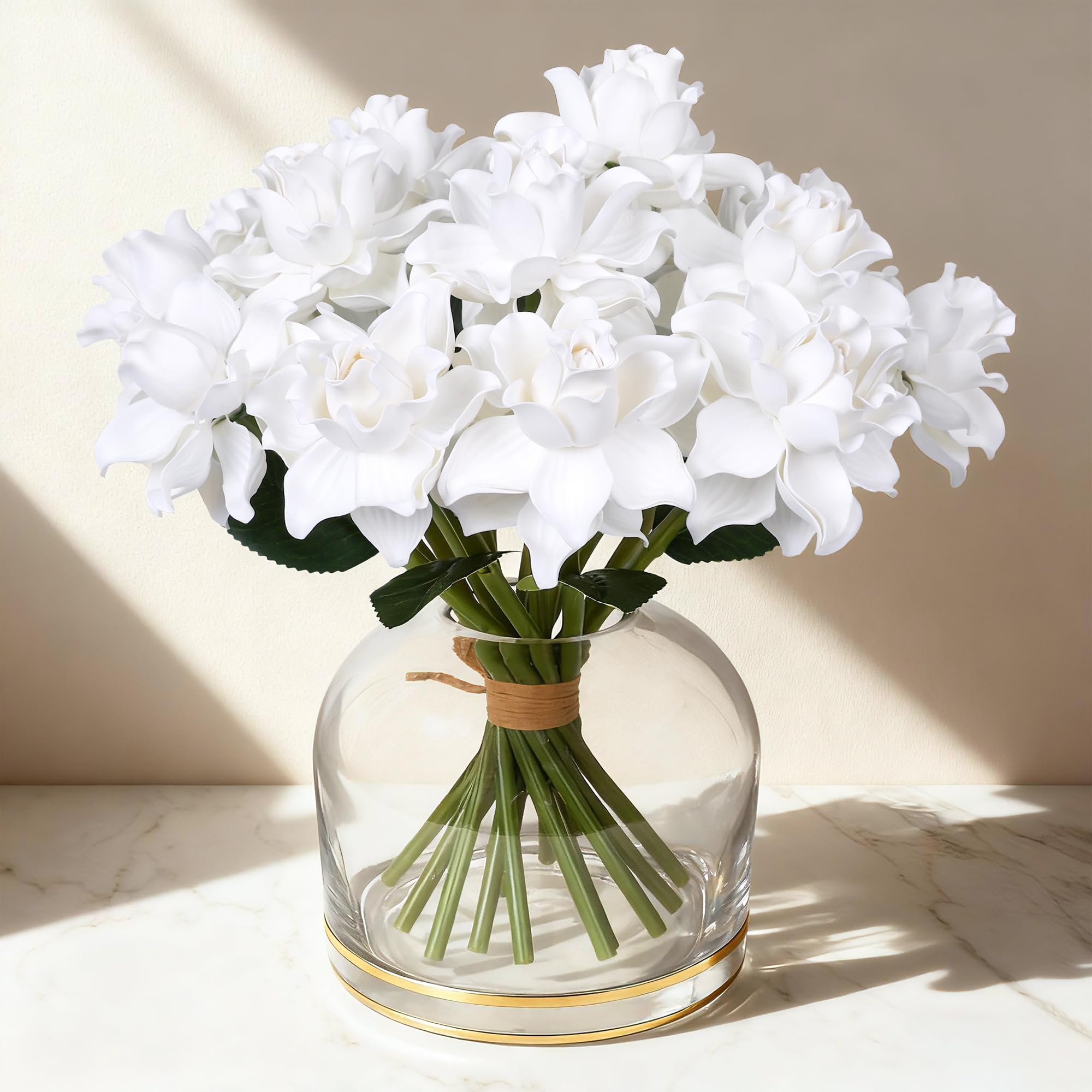 HyeFlora 16pcs Artificial Flowers Faux Gardenias Flower Bouquet for Vase Table Decorations Silk Flowers for Home Decor DIY Party Wedding Centerpieces Indoor Outdoor Arrangements (Vase not Included)