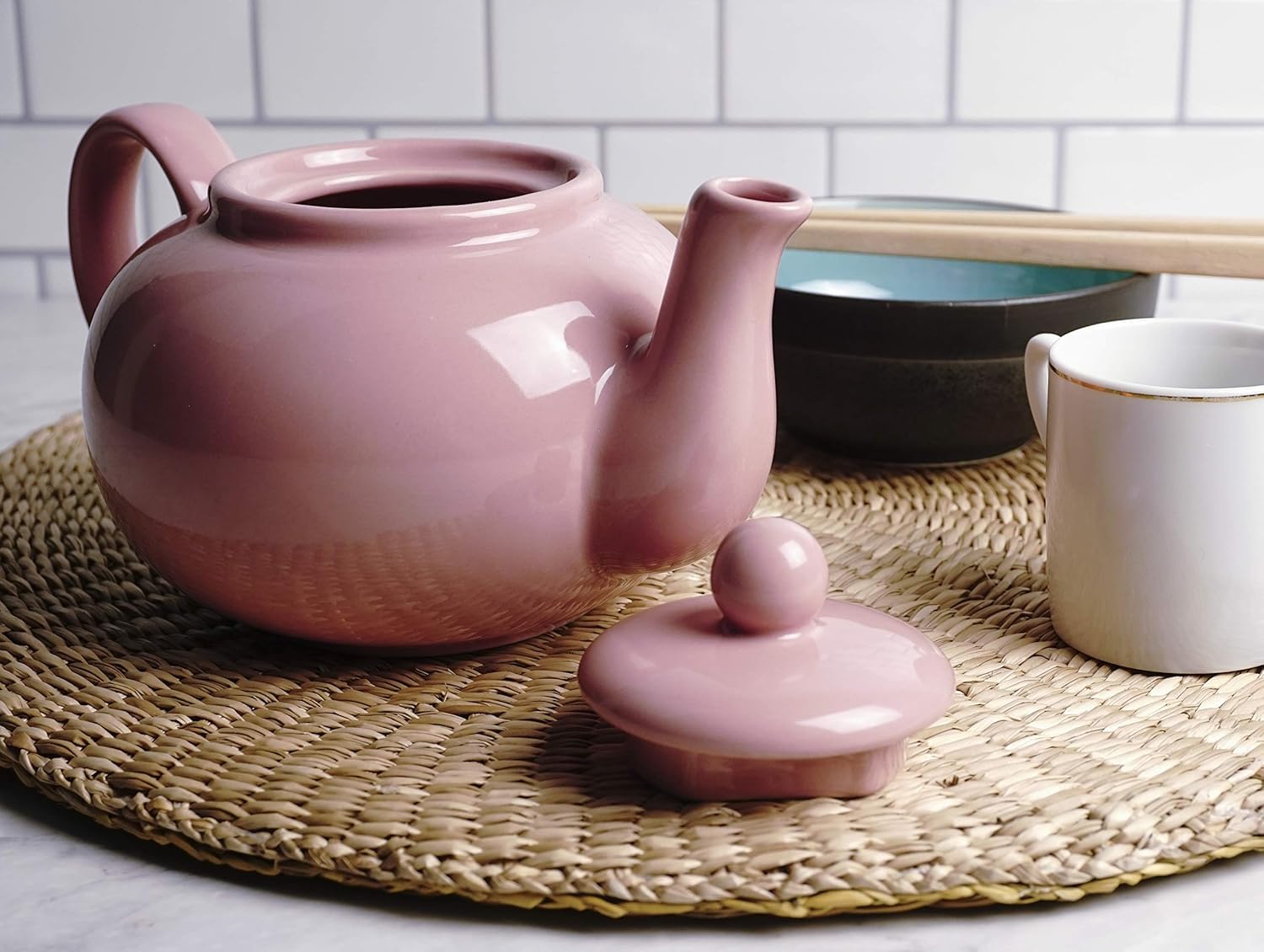 RSVP International Stoneware Teapot Collection, Microwave and Dishwasher Safe, 16 oz, Pink