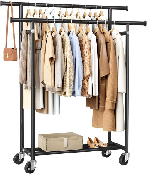 HYSEYY Clothes Rack - Portable Double Rod Rolling Garment Rack with Wheels | 240 LBS Capacity, Black