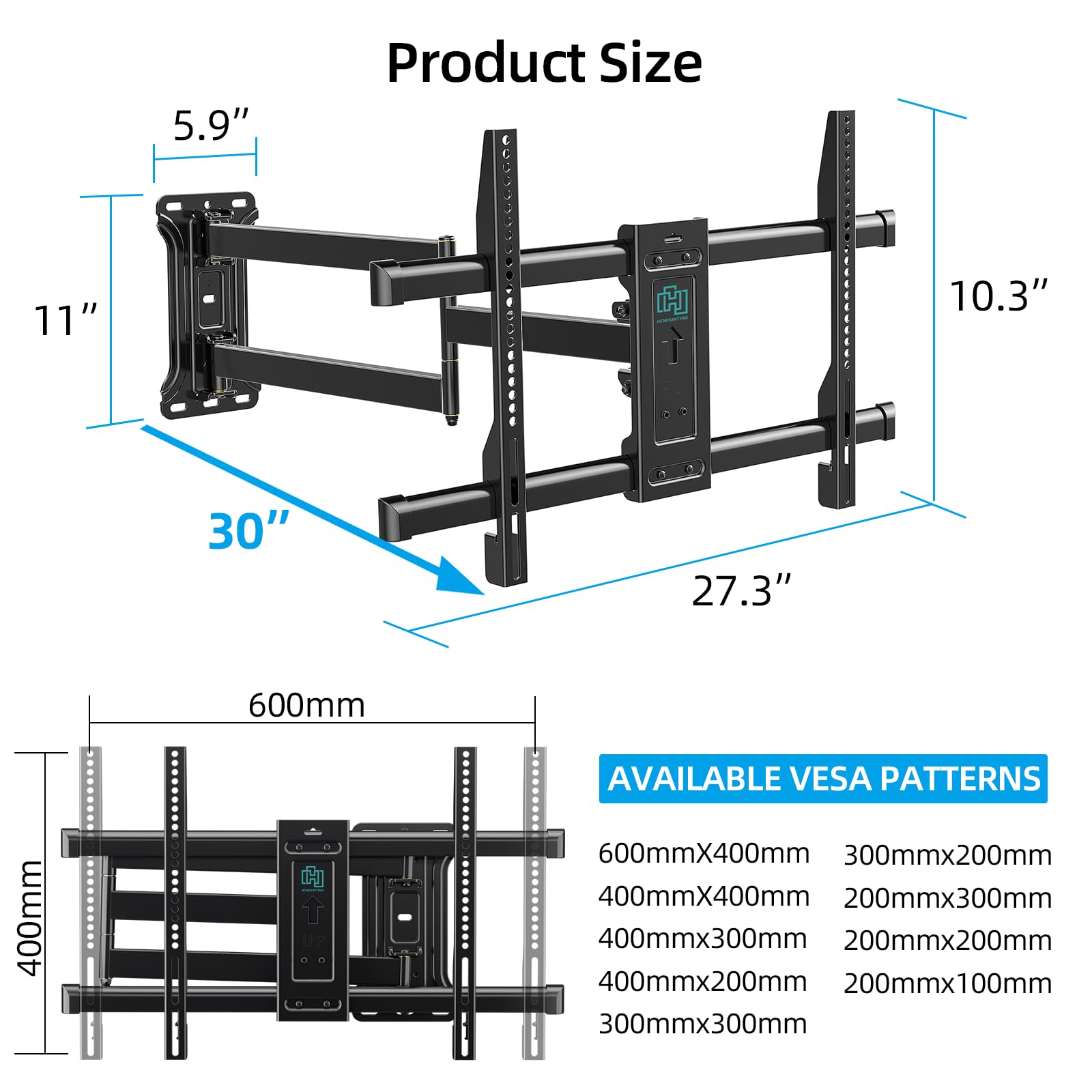 HCMOUNTING Pre-Assembled Corner TV Wall Mount for 32-80" TVs, Full Motion with Smooth Gliding Extension, 30" Long Arm, Single Stud Installation Holds 100lbs, Max VESA 600x400mm