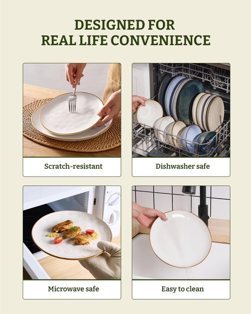 Famiware Dinnerware Sets for 4, Ocean Round 12-Piece Kitchen Plates and Bowls Sets, Reactive Glaze, Microwave and Dishwasher Safe, Scratch Resistant, Cappuccino White