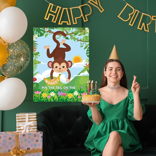 Faccito Jungle Animal Games Pin The Tail on The Monkey Safari Animal Birthday Party Games with Monkey Poster 24 Pcs Tail Stickers and Blindfold for Safari Jungle Zoo Forest Party Decorations Supplies