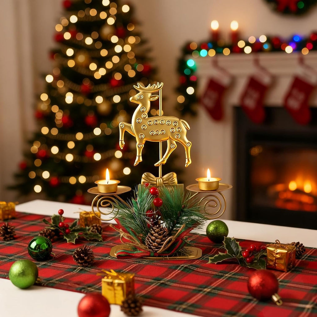 ABTOLS Reindeer Tealight Candle Holders - Festive Elk Design with Red Berry | Gold Candlestick for Christmas Decor
