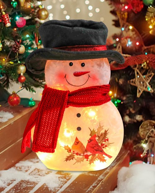 Bdor 11-Inch Glass Snowman Decoration - Light-Up Holiday Ornament with Cardinals & Red Scarf for Indoor Christmas Décor