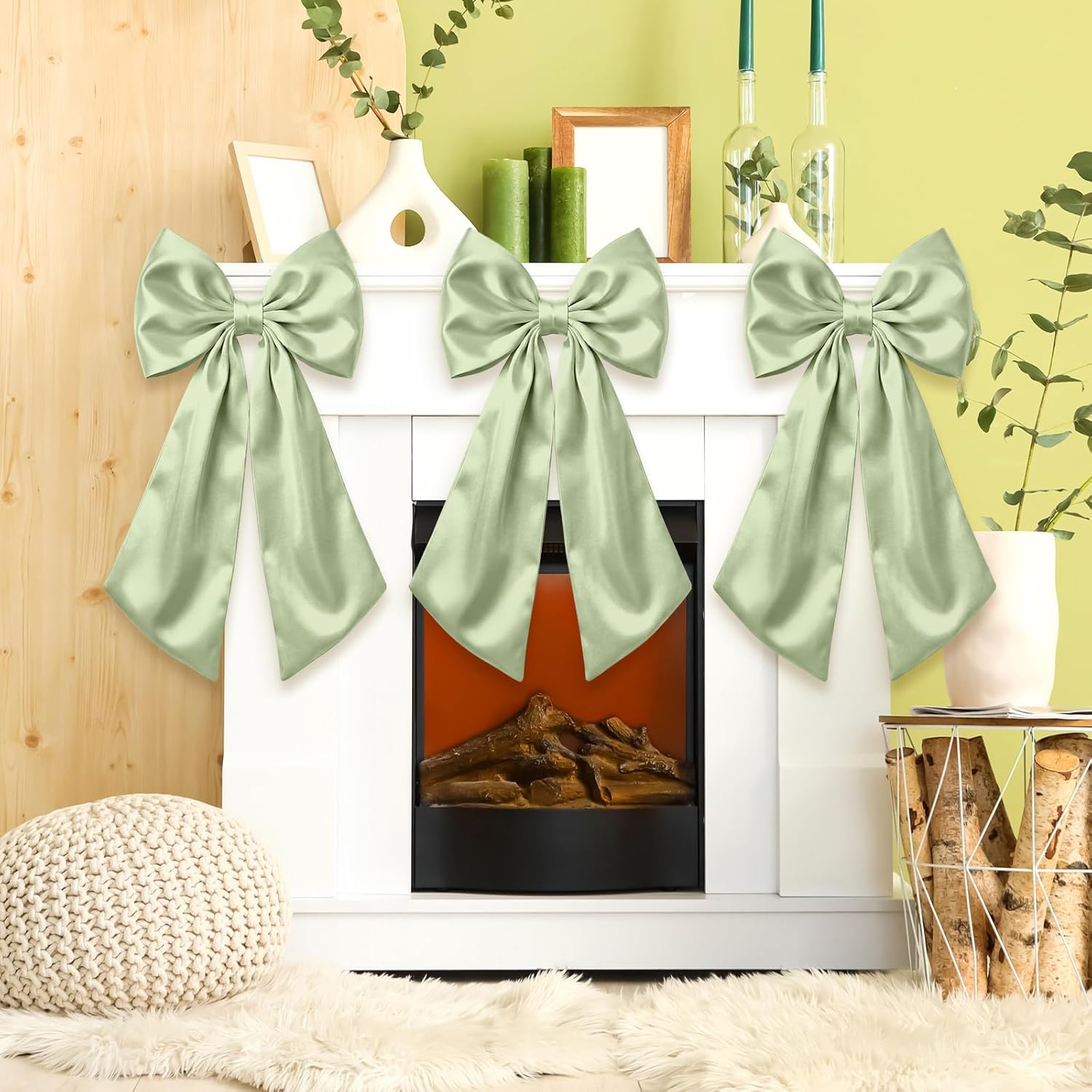 Suncalla Large Sage Green Satin Bow Decorations - 3 Pcs | 2 FT Hanging Wall Decor for Weddings & Parties