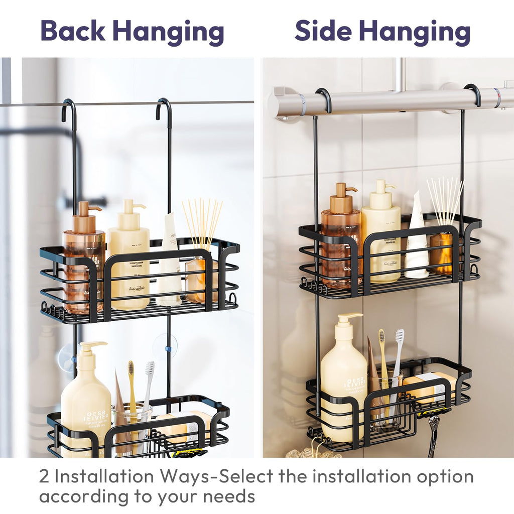 SWTYMIKI Shower Caddy Hanging Organizer - Over the Door Shower Caddy with Soap Holder, 11 Hooks, 2 Installation Ways, Stainless Steel Rustproof Bathroom Organizer, Black