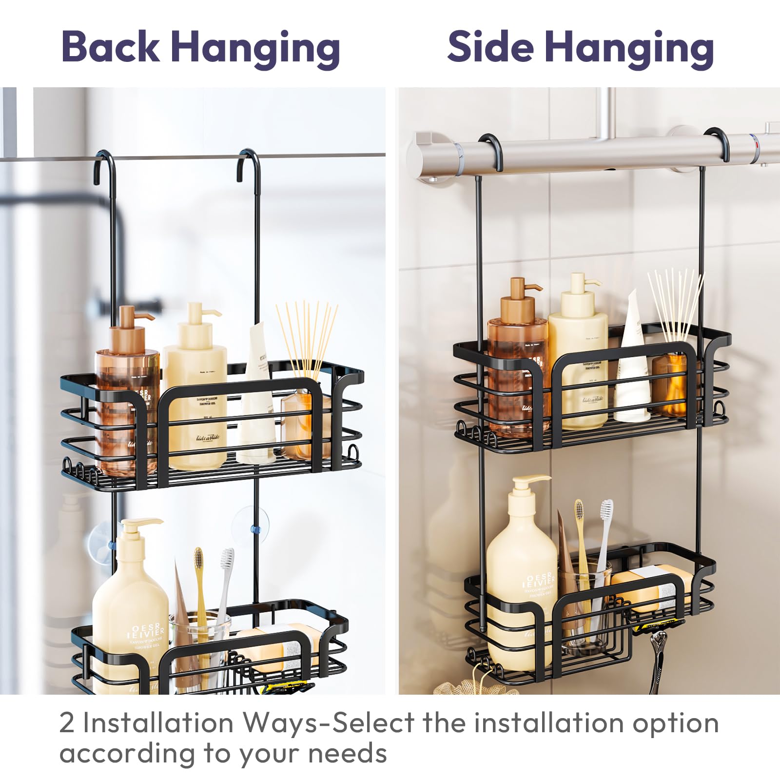SWTYMIKI Shower Caddy Hanging Organizer - Over the Door Shower Caddy with Soap Holder, 11 Hooks, 2 Installation Ways, Stainless Steel Rustproof Bathroom Organizer, Black
