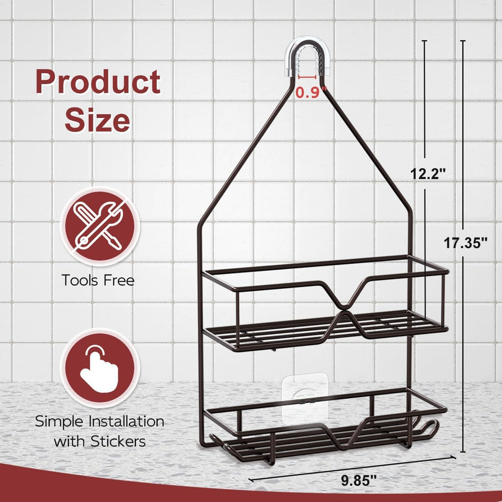 TreeLen Shower Caddy - Over Shower Head Bathroom Organizer with 4 Hooks for Shampoo - Bronze Finish