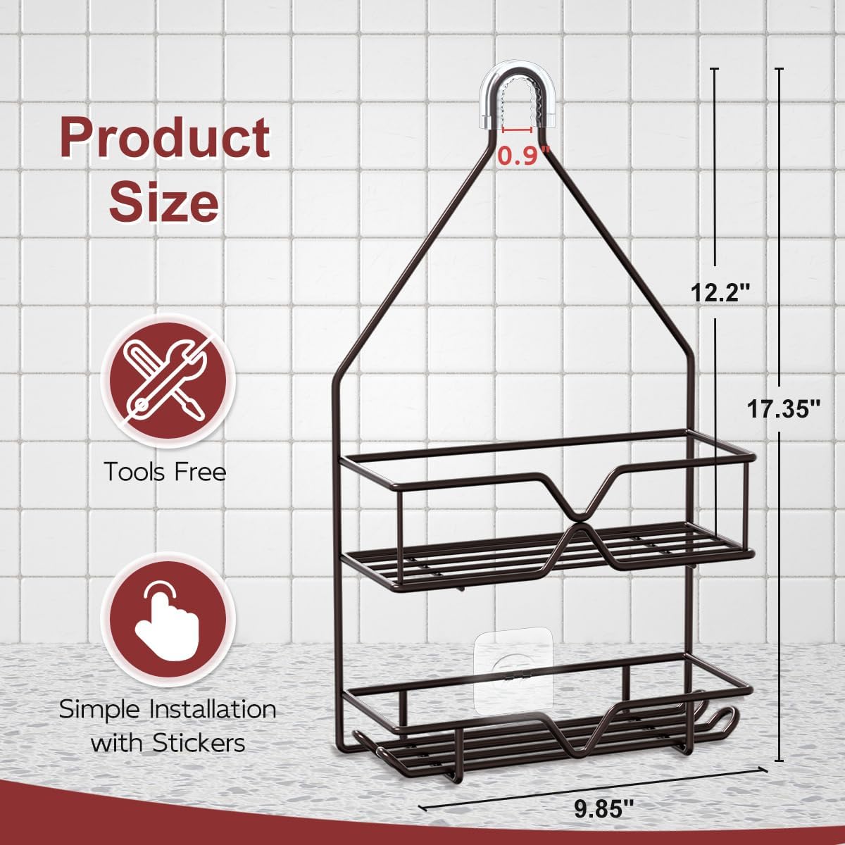 TreeLen Shower Caddy - Over Shower Head Bathroom Organizer with 4 Hooks for Shampoo - Bronze Finish