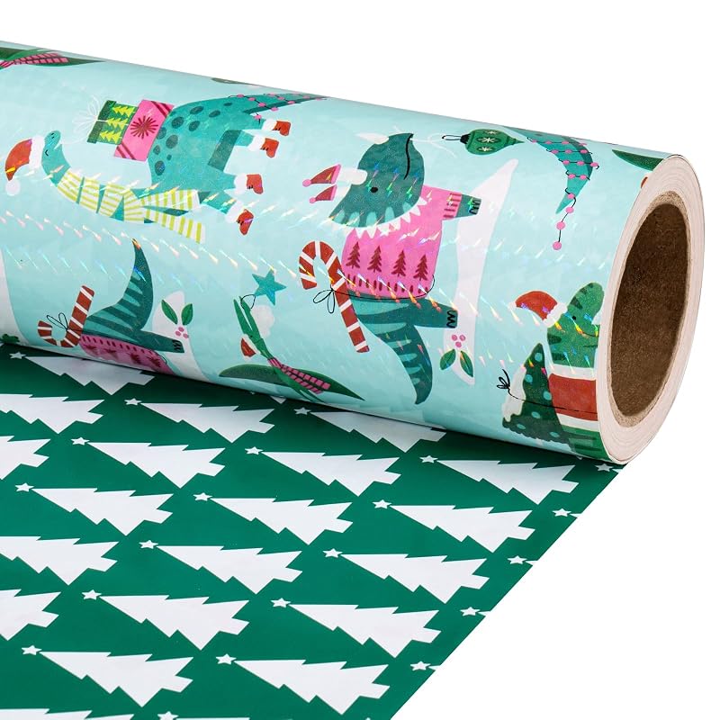 Reversible Christmas Dinosaur Wrapping Paper Roll - 17in x 16.4ft, Blue/Green with Dino & Tree Design (Variation: Christmas Dinosaur & Plaid+17 in x 16.4 ft)