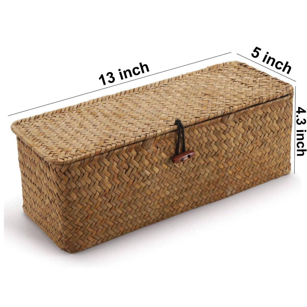 Seagrass Storage Basket for Bathroom - Toilet Tank with Lid, Wicker Woven Narrow Basket for Organizing (13" x 5" x 4.3")