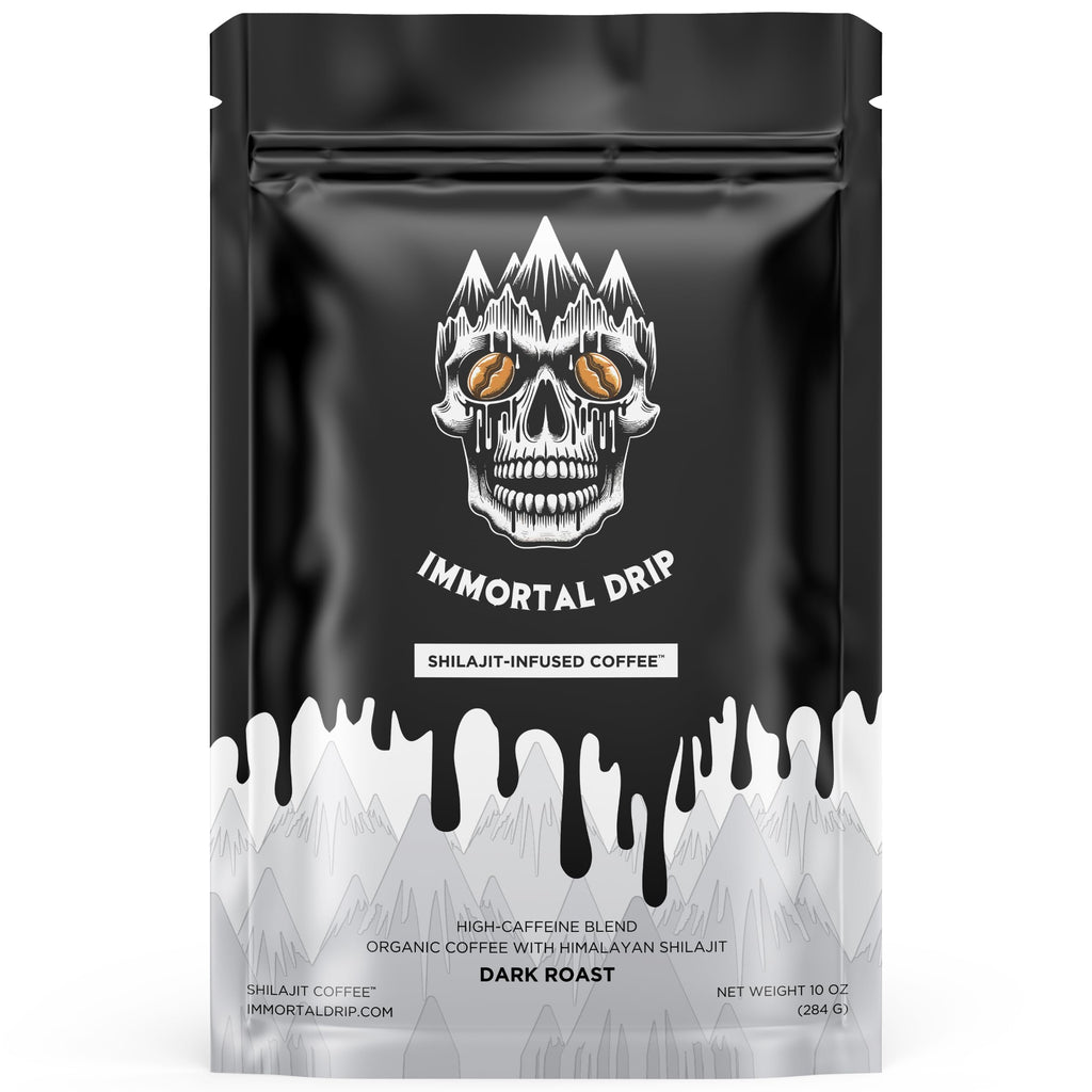 Shilajit Coffee - Immortal Drip, Organic Dark Roast Ground Coffee, Himalayan Shilajit-Infused, High-Caffeine, Vitamins - Fulvic Acid & 85+ Minerals