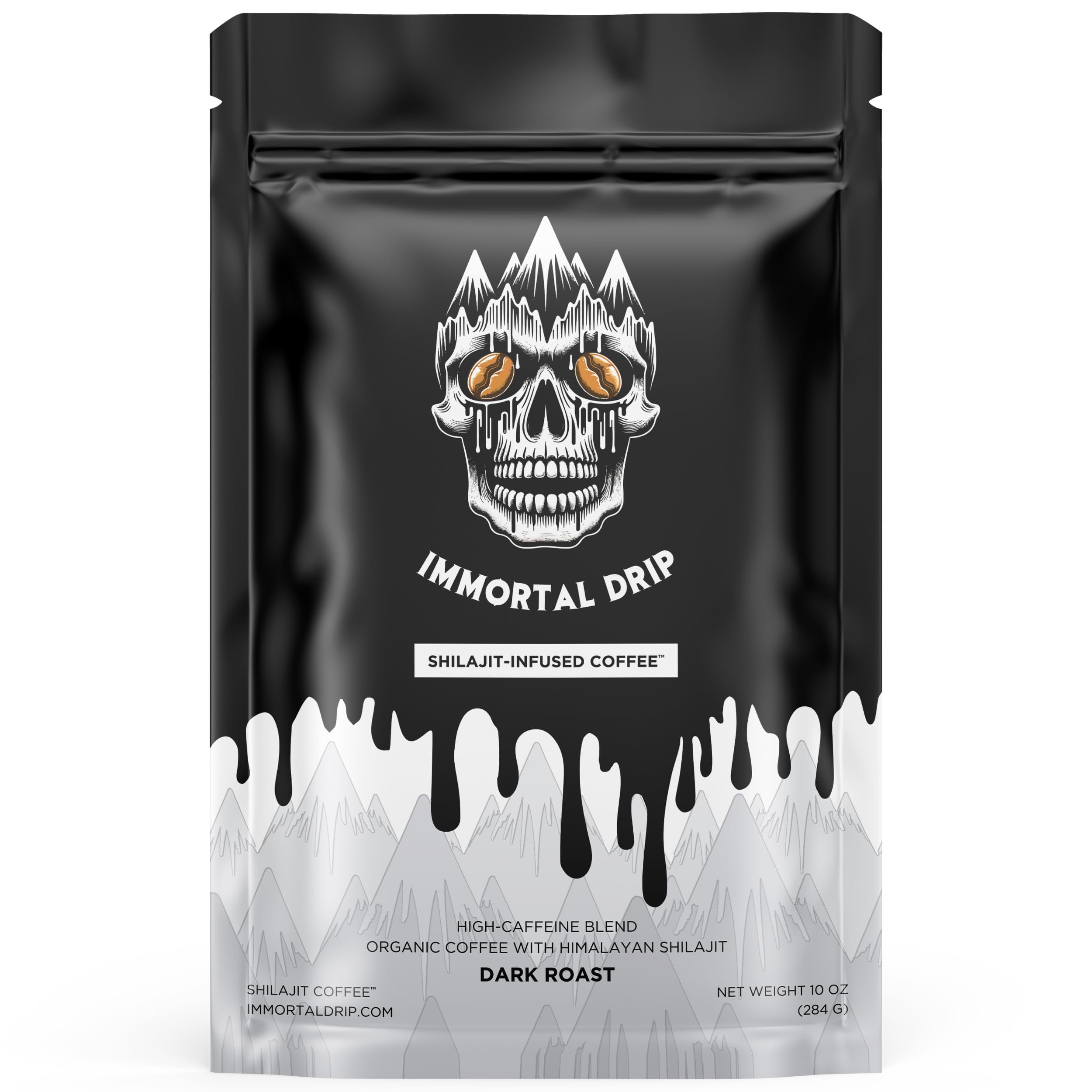 Shilajit Coffee - Immortal Drip, Organic Dark Roast Ground Coffee, Himalayan Shilajit-Infused, High-Caffeine, Vitamins - Fulvic Acid & 85+ Minerals