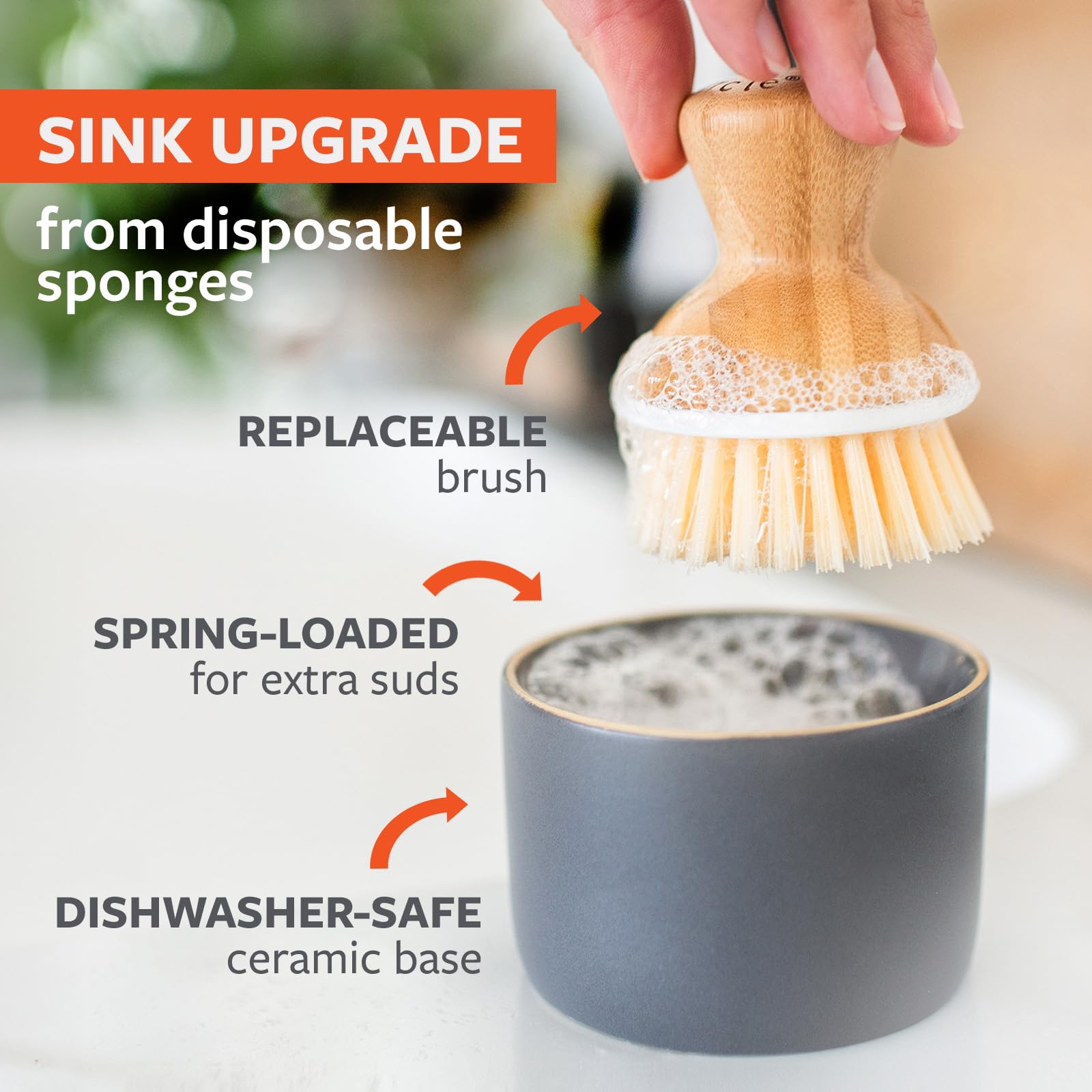 Full Circle Bubble Up Bamboo Dish Brush & Ceramic Soap Dispenser – Family Safe, Formaldehyde-Free – Kitchen Scrub Brush for Dishes, Nonstick & Cast Iron, Gray